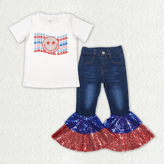 baby girl July 4th short sleeves smile shirt sequin denim pants jeans set