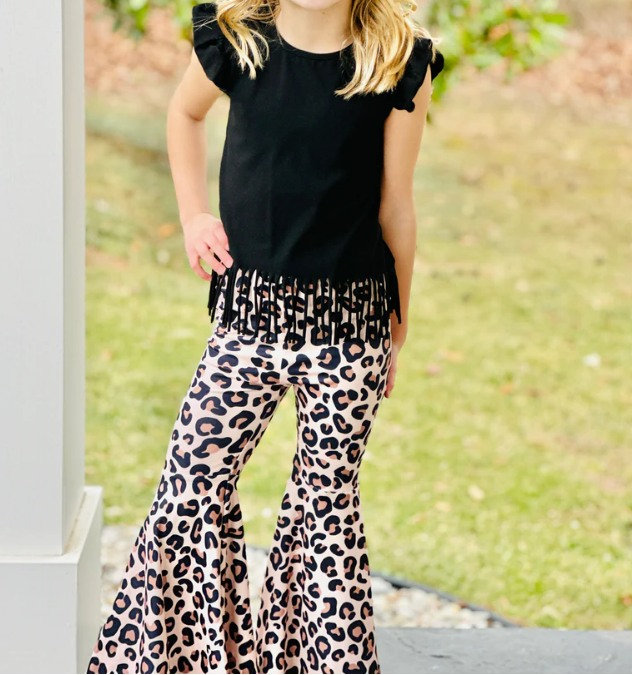 Pre-order Baby Girls Black Tassel Top Leopard Bell Pants Clothes Set