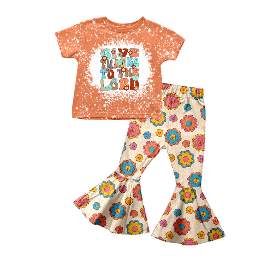 Pre-order Baby Girl Short Sleeve Thanks Orange Shirt Flower Pants Set