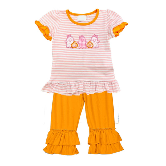 pre-order Baby Girl Halloween Spooky Pumpkin Stripes Shirt Orange Pants Set