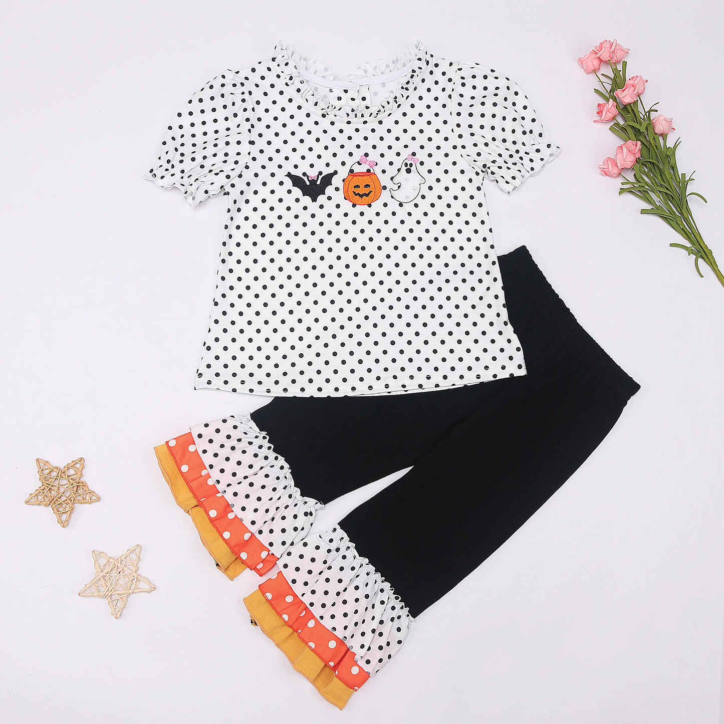 Pre-order Baby Girl Halloween Ghost Pumpkin Shirt Ruffle Pants Clothes Set