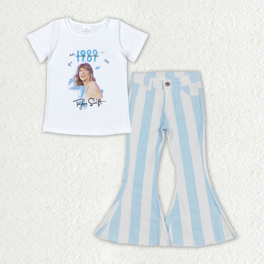 Baby Girl Littler Singer Shirt Blue Stripes Denim Jeans Pants Set