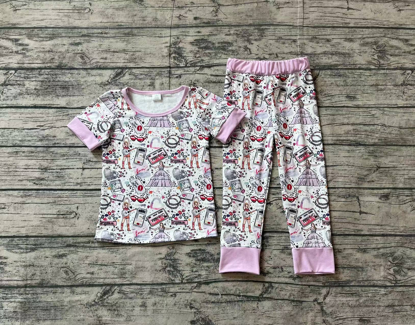 Baby Girl Short Sleeves Singer Shirt Pants Pajamas Purple Set