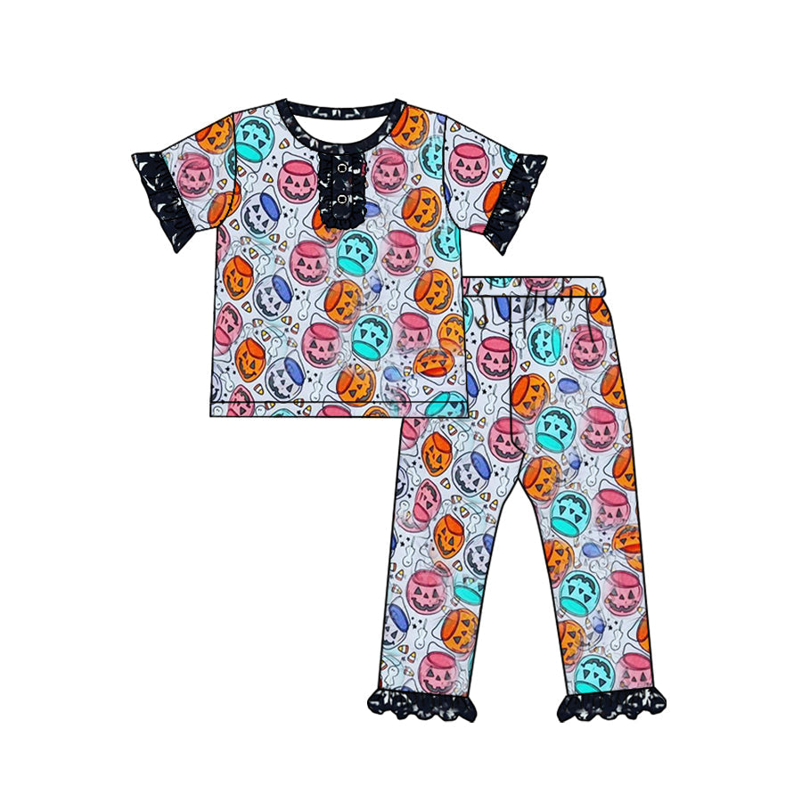 Pre-order Baby Girl Halloween Colorful Pumpkins Shirt Pants Pajamas Clothes Set