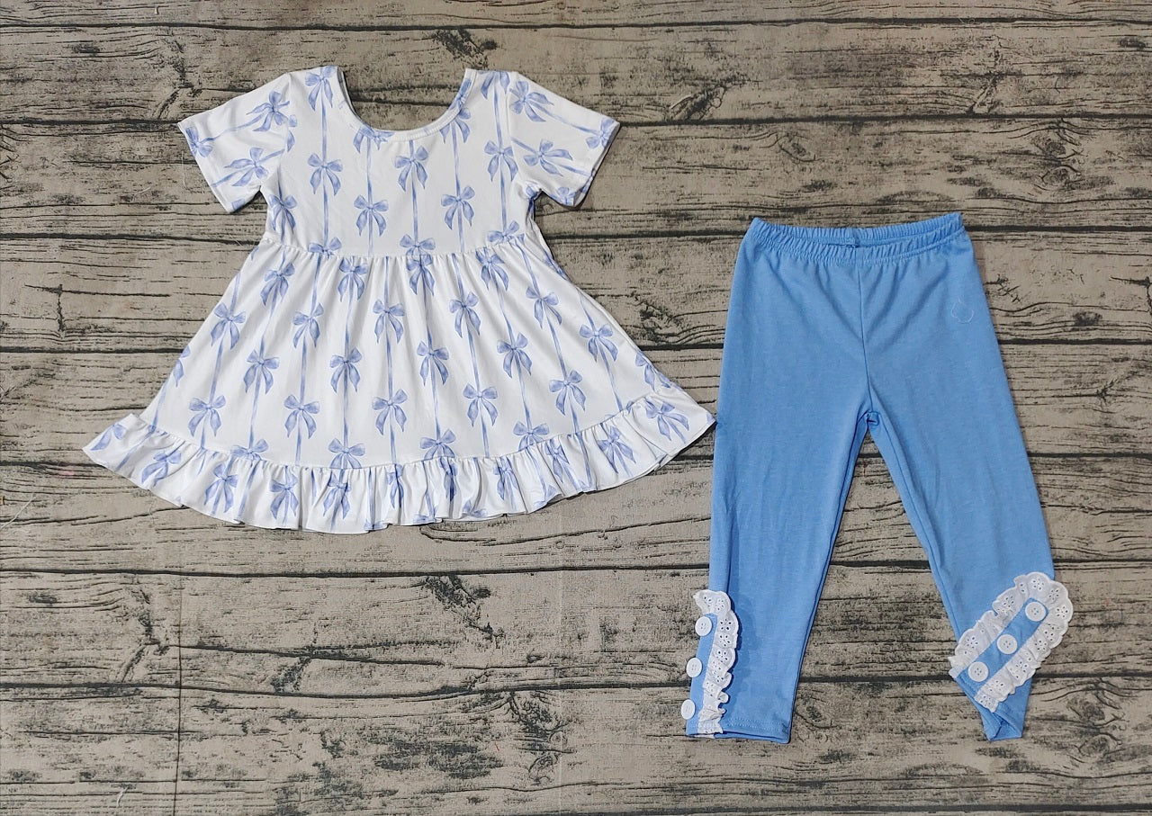 Baby Girl Short Sleeves Bows Tops Blue Legging Cotton Pants Set