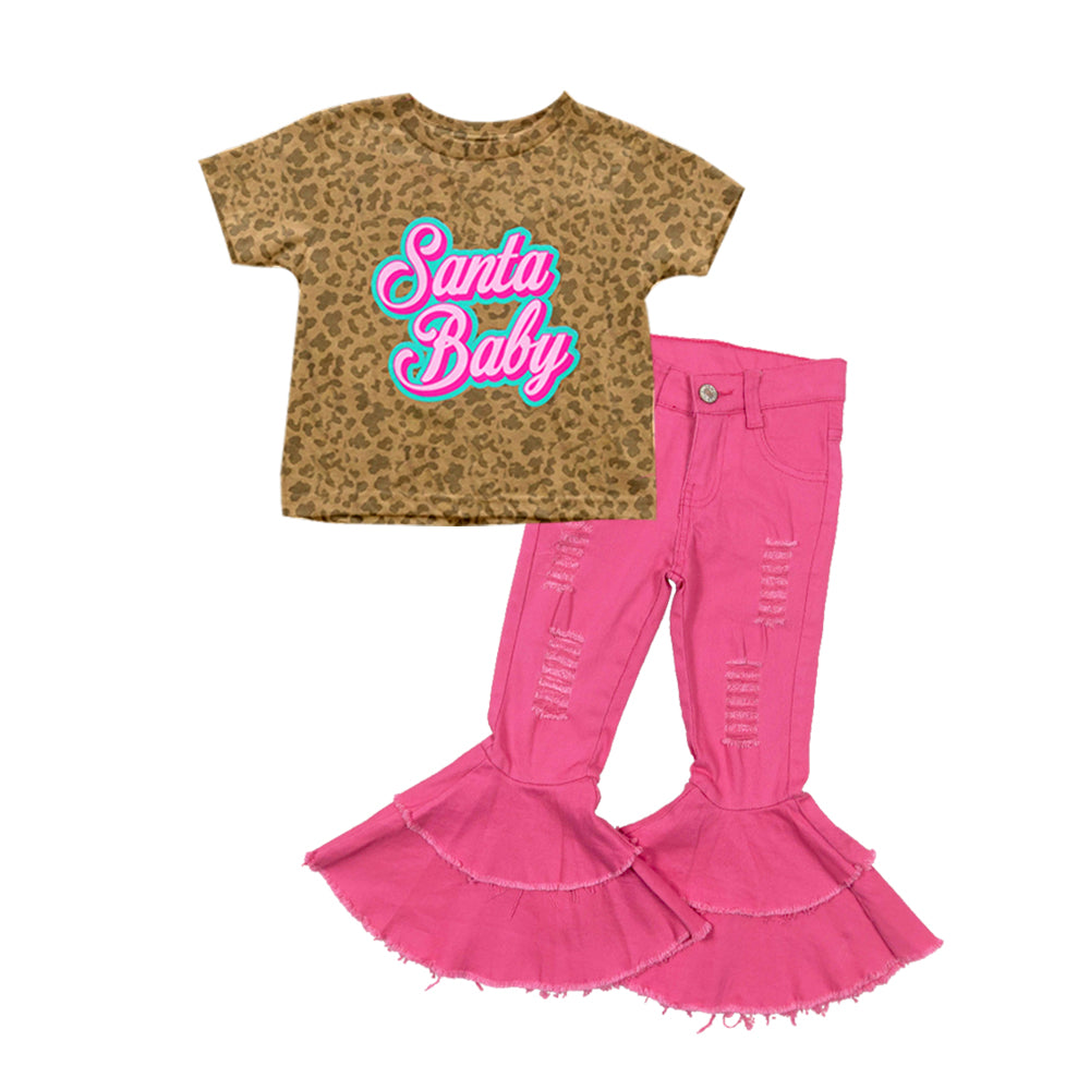 Pre-order Baby Girl Christmas Santa Leopard Shirt Pink Denim Pants Set