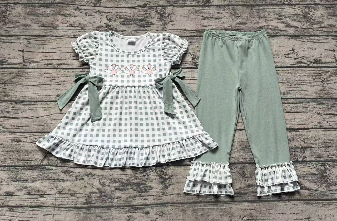 Pre-order Baby Girl Thanksgiving turkey Plaid Tunic Grey Pants Set