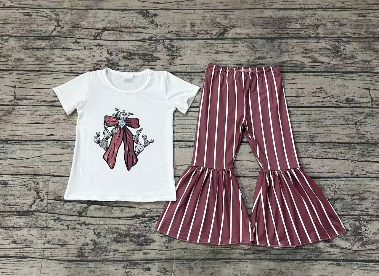 Baby Girl Short Sleeves Western Bow Cactus Shirt Stripes Bell Pants Clothes Set