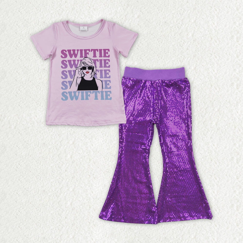 Baby Girl Singer Shirt Purple Sequin Bell Pants Clothes Sets