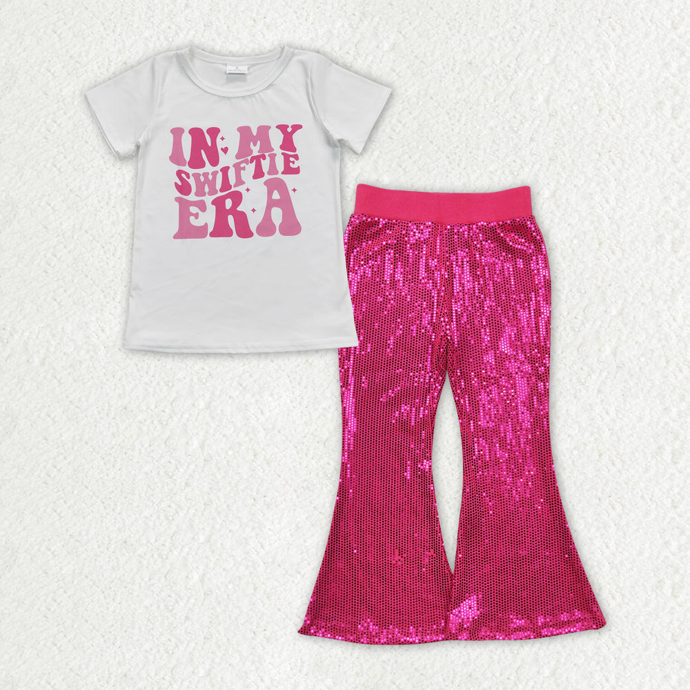 Baby Girl Singer Era Shirt Dark Pink Sequin Flare Pants Clothes Set