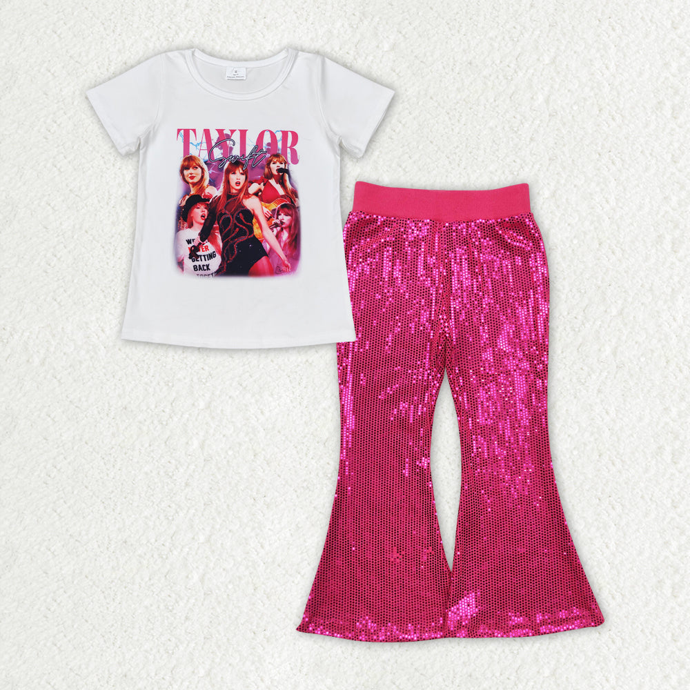 Baby Girl Singer Shirt Dark Pink Sequins Bell Pants Clothes Set