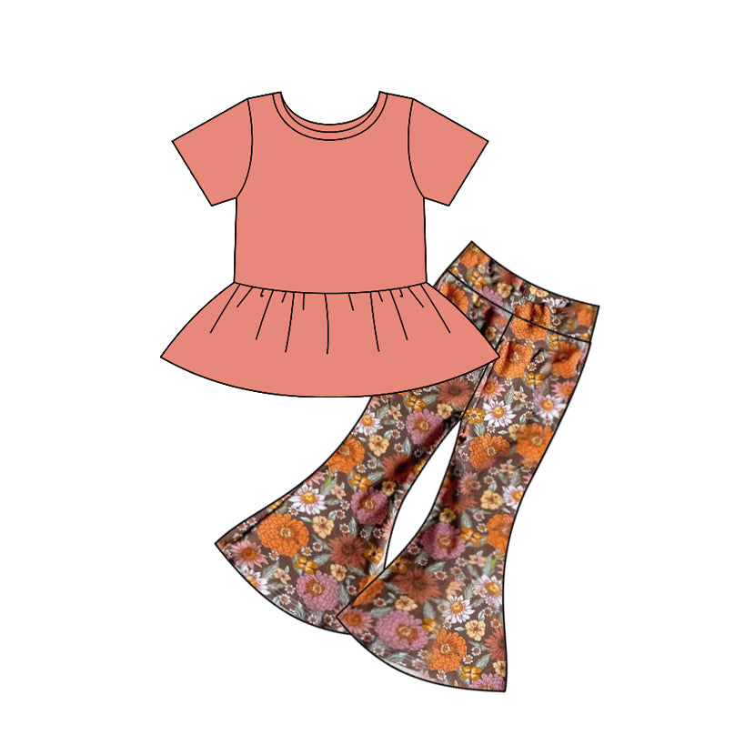Pre-order Baby Girl Short Sleeves Cotton Tops Flower Bell Pants Set