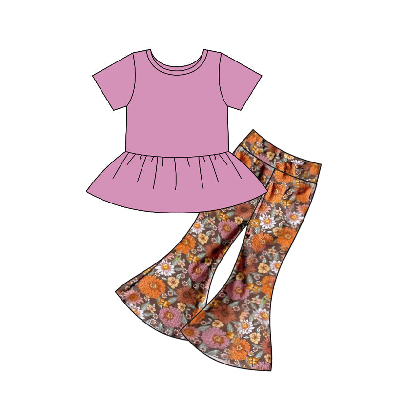 Pre-order Baby Girl Short Sleeves Pink Cotton Tops Flower Bell Pants Set
