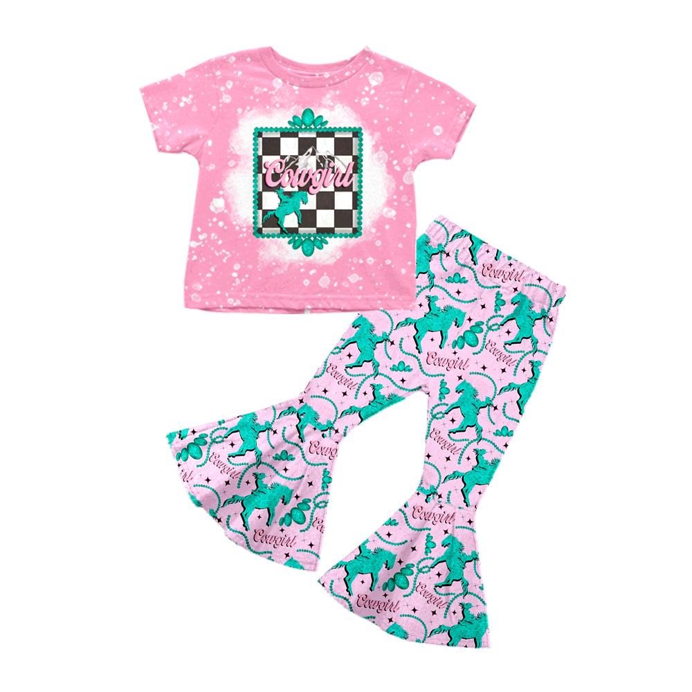 Pre-order Baby Girl Western Cowgirl Horse Shirt Bell Pants Clothes Set