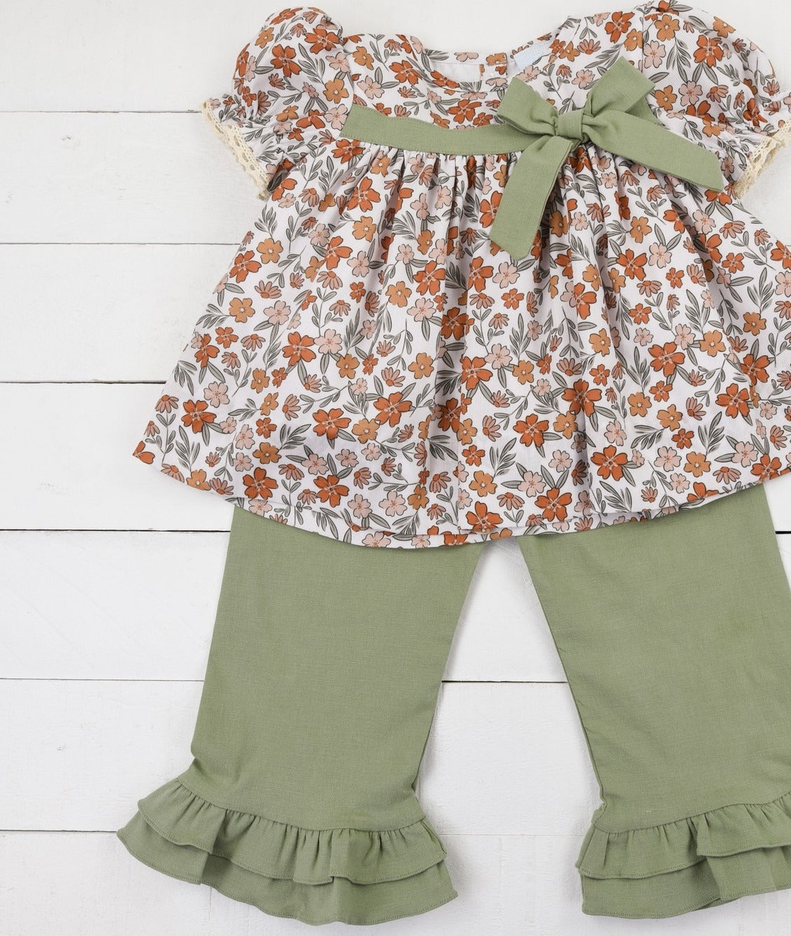 Pre-order Baby Girl Kids Toddler Flower Tunic Green Pants Clothes Set