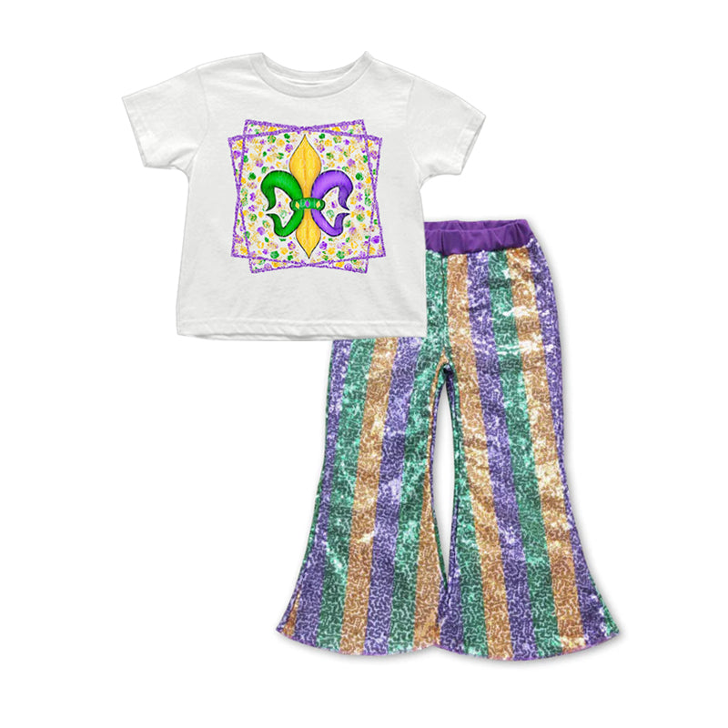 Pre-order Baby Girl Mardi Gras Anchor Shirt Stripes Sequins Pants Clothes Set