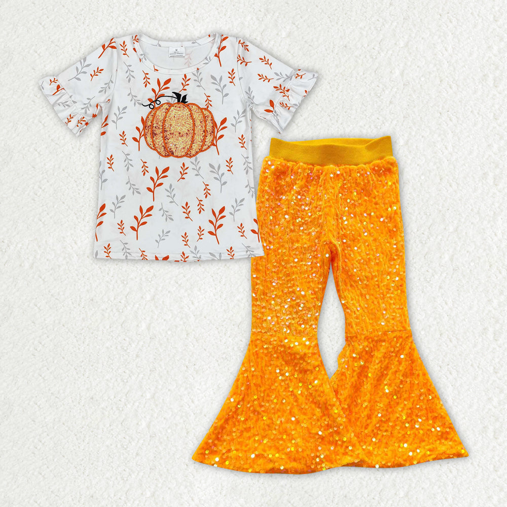 Baby Girl Short Sleeves Embroidery Pumpkin Shirt Sequins Bell Pants Fall Clothes Set