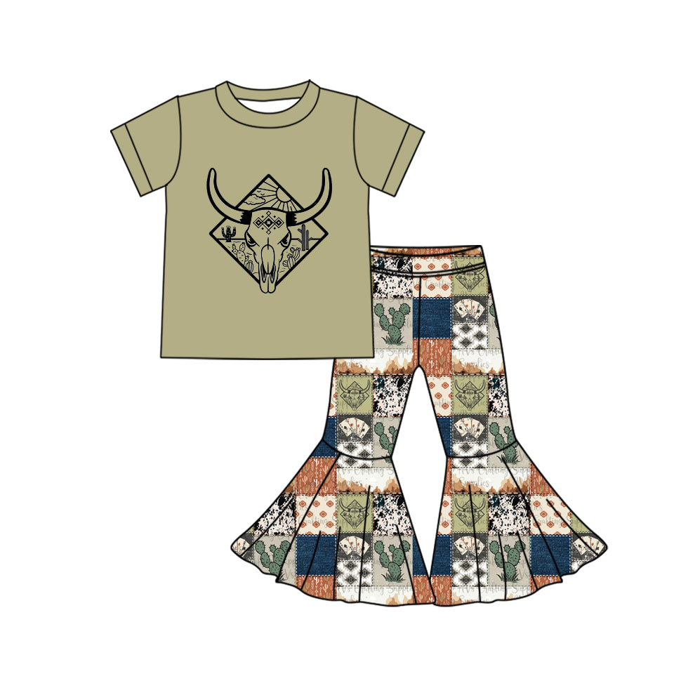 Pre-order Baby Girl Western Cow Shirt Cactus Bell Pants Clothes Set