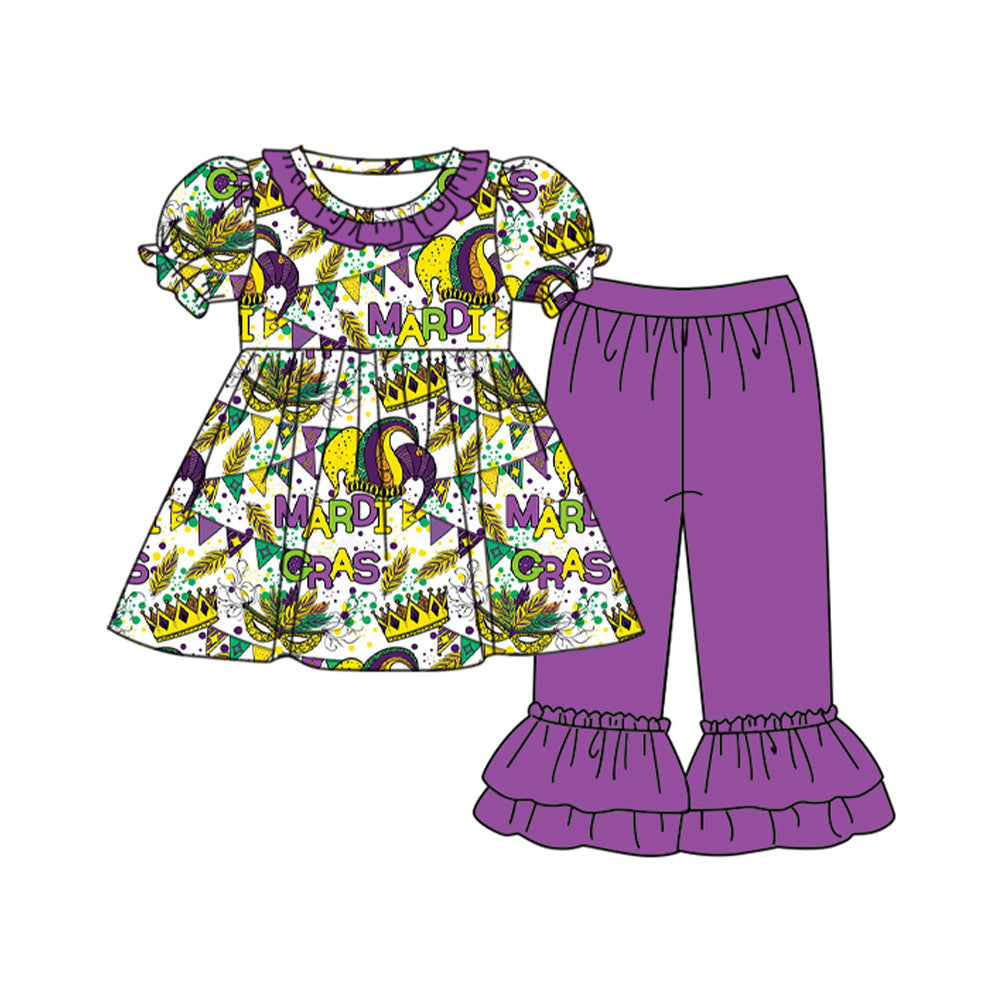 Pre-order Baby Girl Mardi Gras Crown Tunic Ruffle Pants Clothes Set