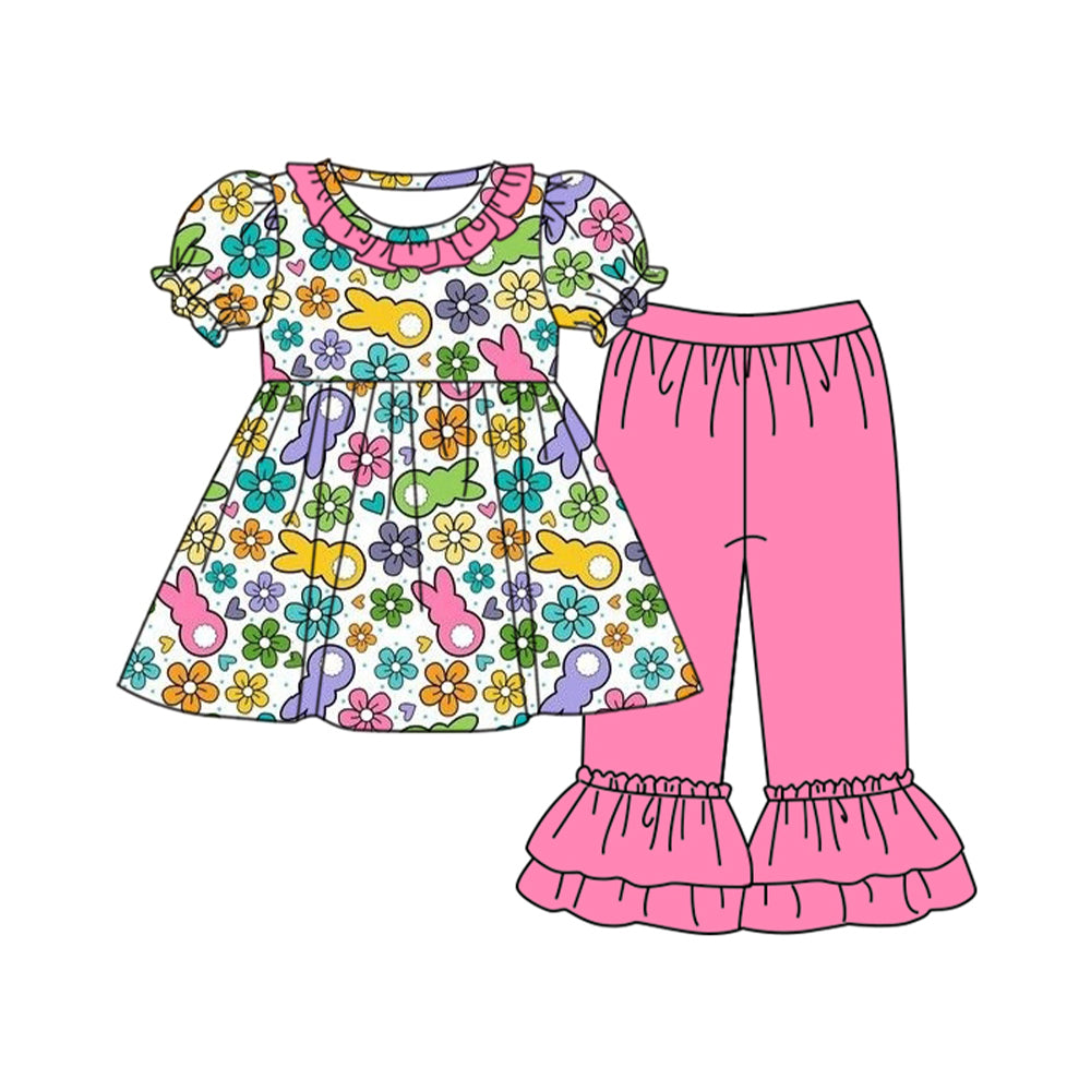 Pre-order Baby Girl Easter Rabbit Flower Tunic Pink Pants Clothes Set
