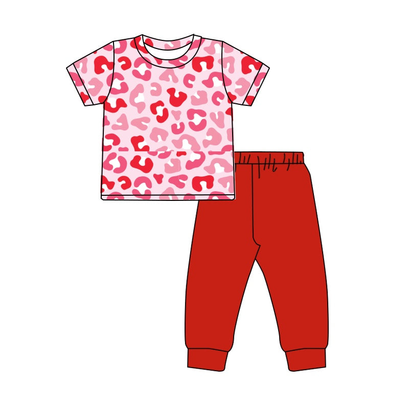 Pre-order Baby Girl Short Sleeves Valentines Leopard Shirt Red Pants Clothes Set
