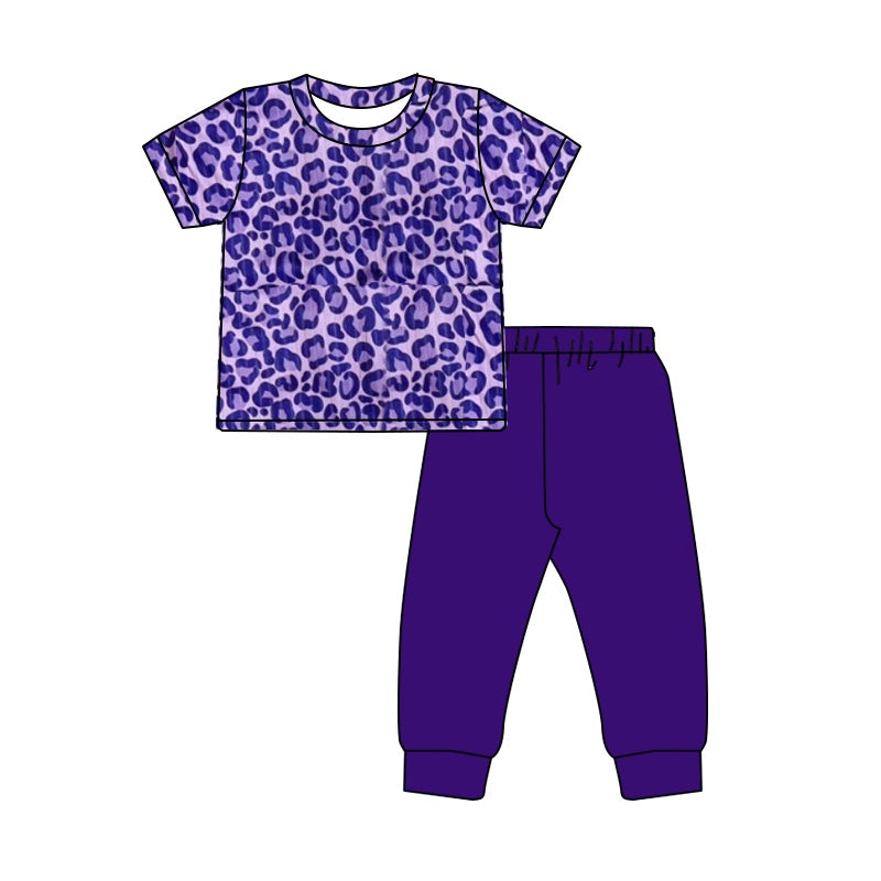Pre-order Baby Girl Short Sleeves Leopard Shirt Purple Pants Clothes Set