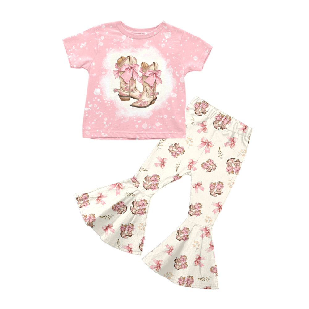 Pre-order Baby Girl Pink Short Sleeves Boots Bows Shirt Bell Pants Western Clothes Set