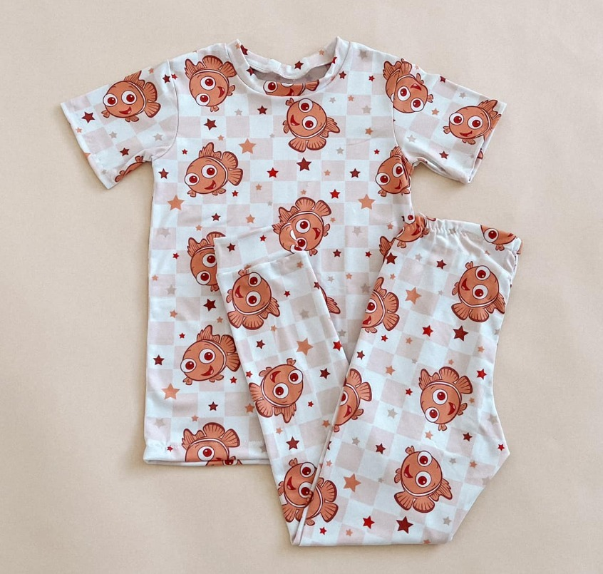 Pre-order Baby Girl Short Sleeves Fish Checkered Shirt Pants Pajamas Clothes Set