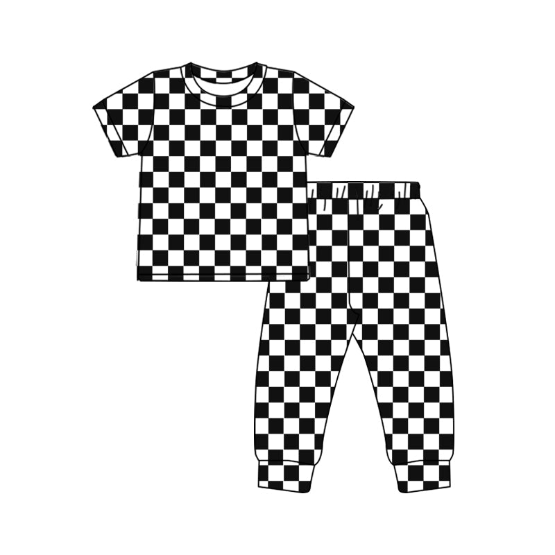 Pre-order Baby Girl Short Sleeves Black Checkered Shirt Pants Pajamas Clothes Set