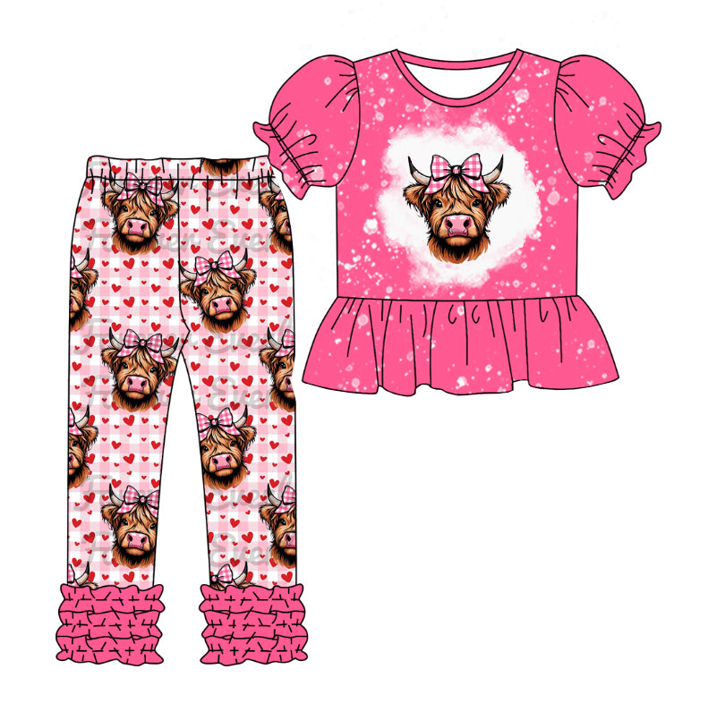 Pre-order Baby Girl Short Sleeves Cow Shirt Hearts Ruffle Pants Clothes Valentines Set
