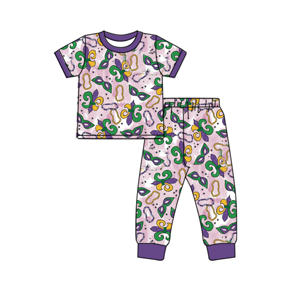 Pre-order Baby Girl Short Sleeves Mardi Gras Masks Shirt Pants Pajamas Clothes Set
