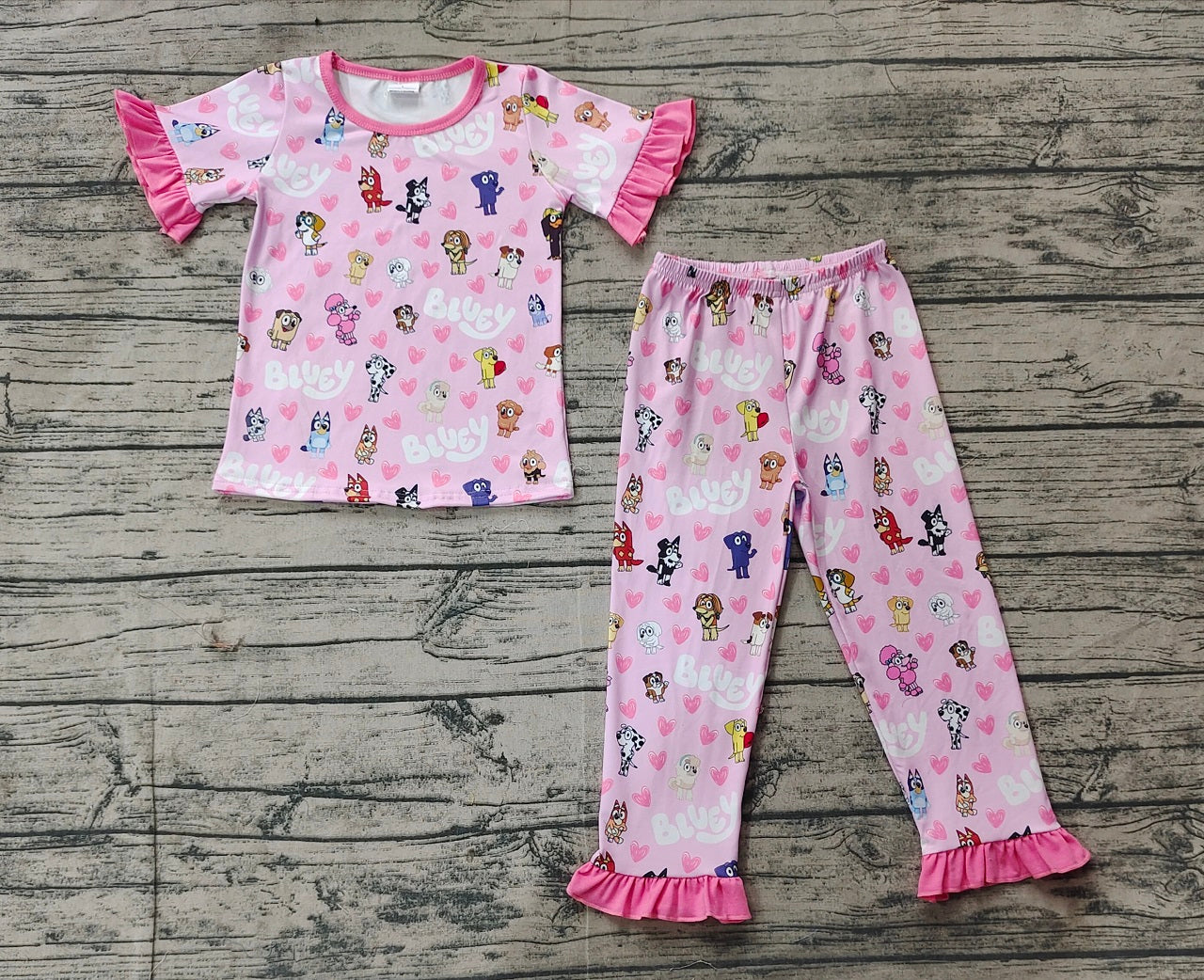 Baby Girl Short Sleeves Valentines Dogs Hearts Shirt Pants Pajamas Clothes Set