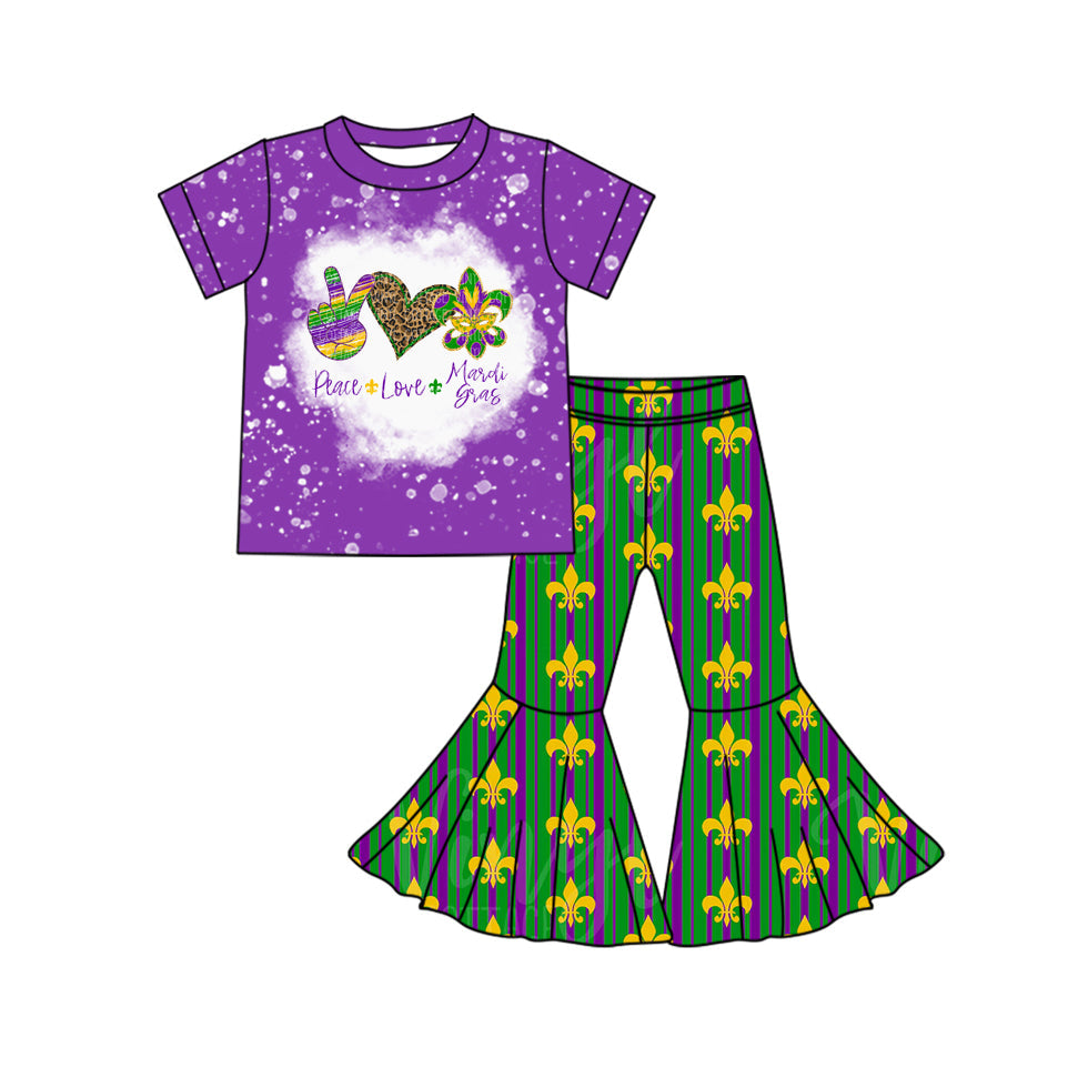 Pre-order Baby Girl Peace Love Mardi Gras Shirt Bell Pants Clothes Set