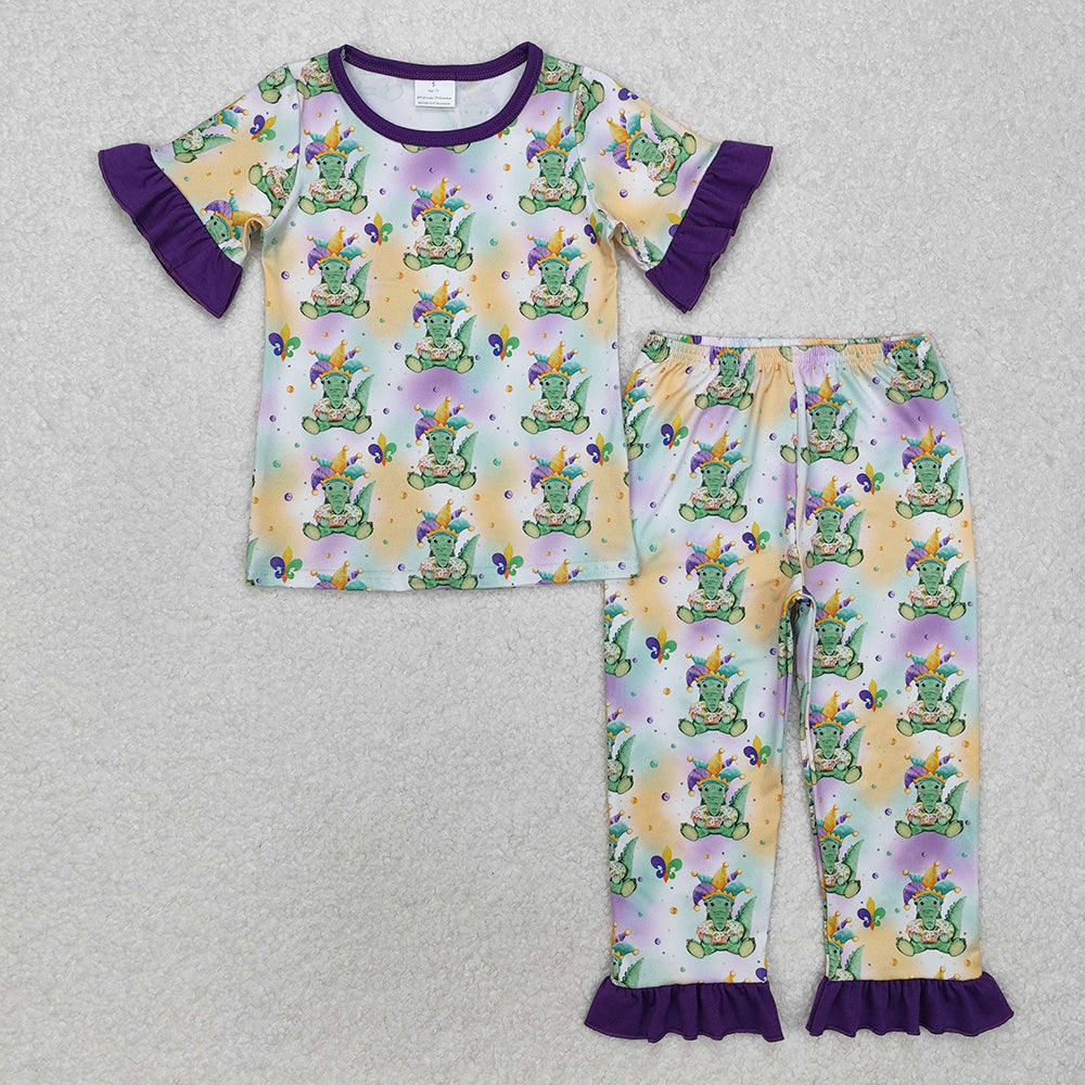 Baby Boy Girl Mardi Gras Crocodile Sibling Romper Pajamas Set
