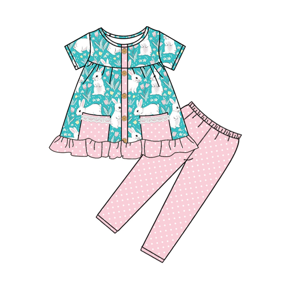 Pre-order Baby Girl Short Sleeves Easter Rabbit Pocket Tunic Legging Pants Clothes Set