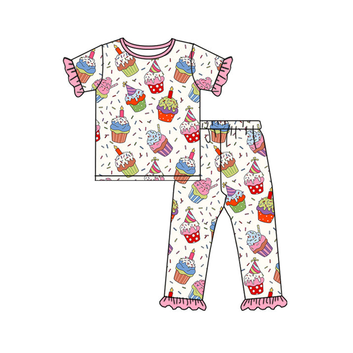 Pre-order Baby Girl Short Sleeves Birthday Cake Shirt Pants Pajamas Clothes Set