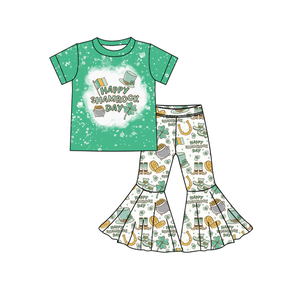 Pre-order Baby Girl Green Short Sleeves St Patrick Shamrock Shirt Bell Pants Clothes Set