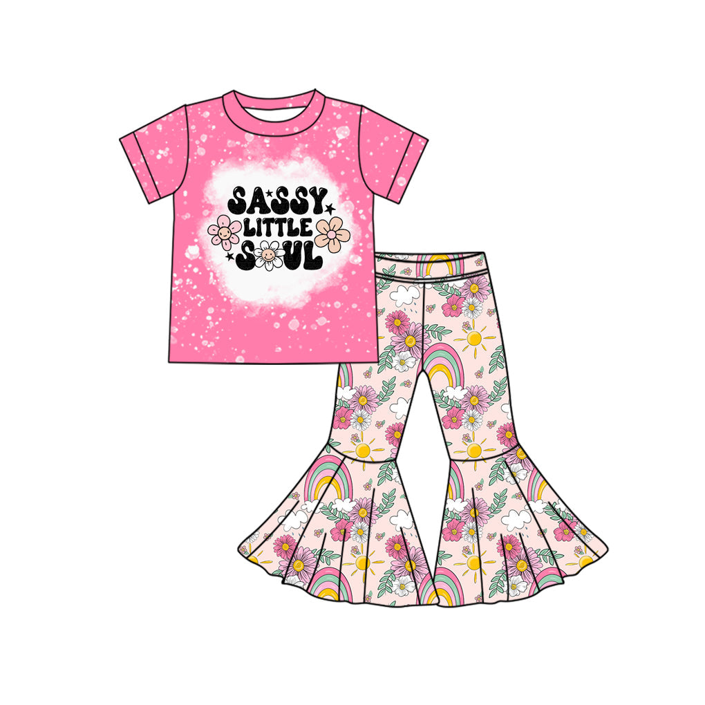 Pre-order Baby Girl Pink Short Sleeves Sassy Shirt Bell Rainbow Flower Pants Clothes Set