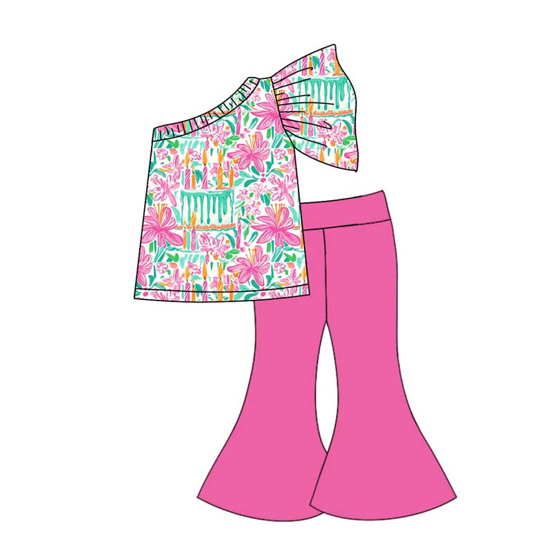 Pre-order Baby Girl One Shoulder Flower Shirt Pink Bell Pants Clothes Set