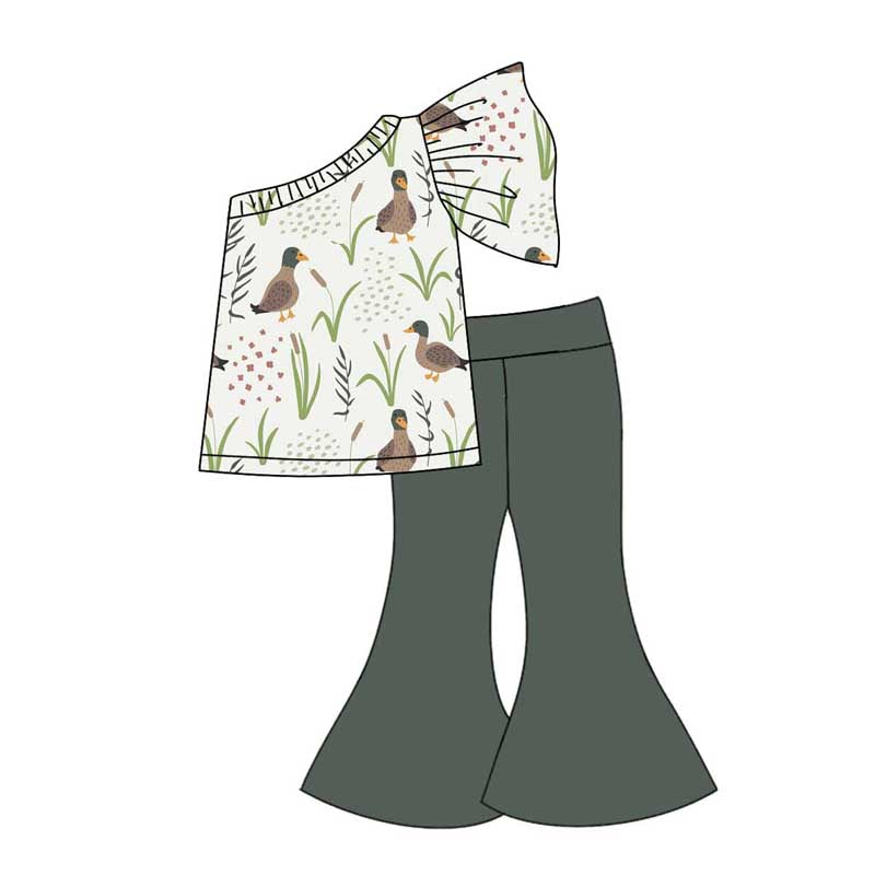 Pre-order Baby Girl Ducks Shirt Green Bell Pants Clothes Set