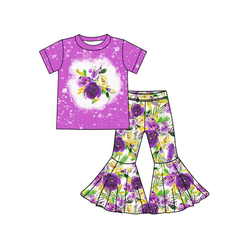 Pre-order Baby Girl Purple Short Sleeves Mardi Gras Flower Shirt Bell Pants Clothes Set