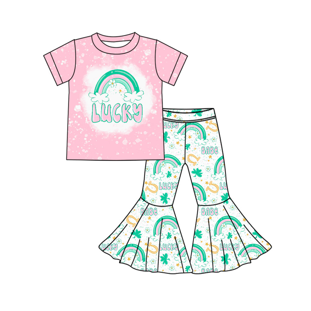 Pre-order Baby Girl Pink Short Sleeves St Patrick Lucky Rainbow Shirt Bell Pants Clothes Set