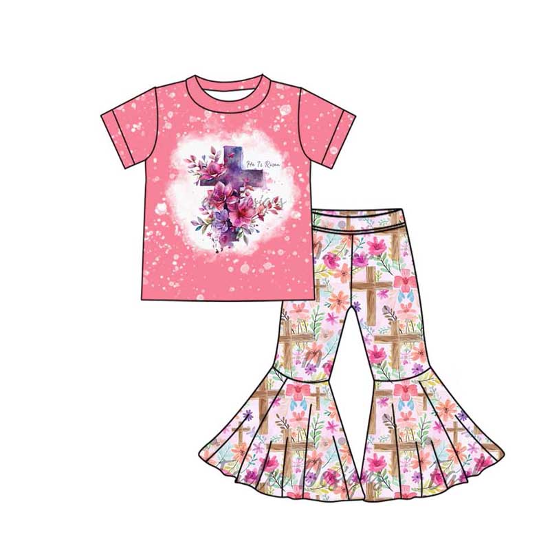 Pre-order Baby Girl Short Sleeves Cross Flower Shirt Bell Pants Clothes Easter Set