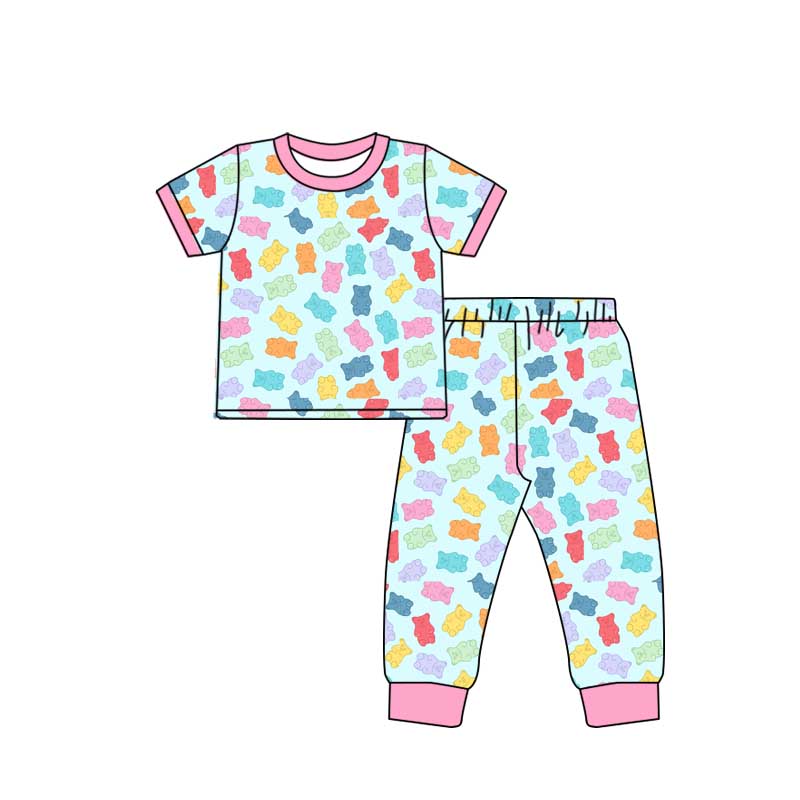 Pre-order Baby Girl Short Sleeves Candy Bears Shirt Pants Pajamas Clothes Set