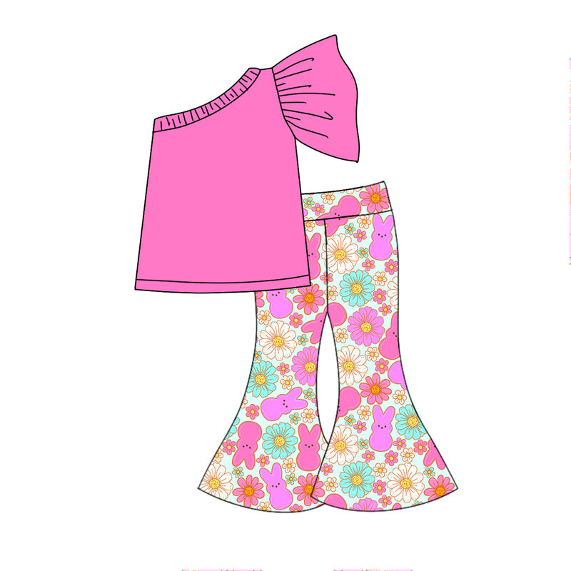 Preorder Baby Girl Easter Rabbits Flowers Pink One Shoulder Top Bell Pants Clothes Set