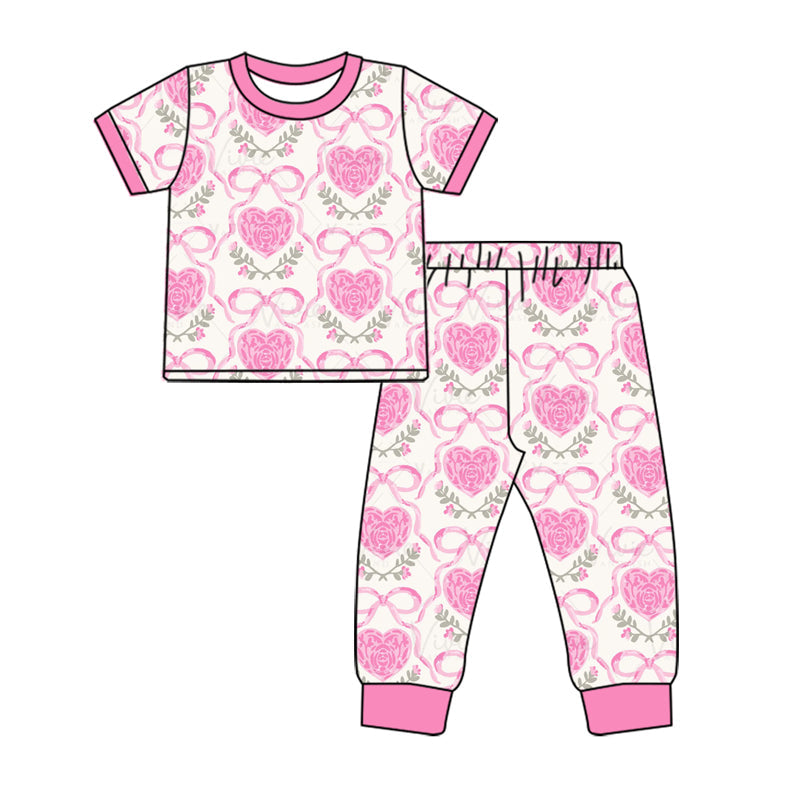 Preorder Baby Girl Flower Hearts Bows Shirt Pants Pajamas Clothes Pink Valentine Set