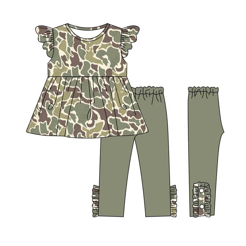 Preorder Baby Girl Short Sleeves Camo Tops Green Pants Clothes Set
