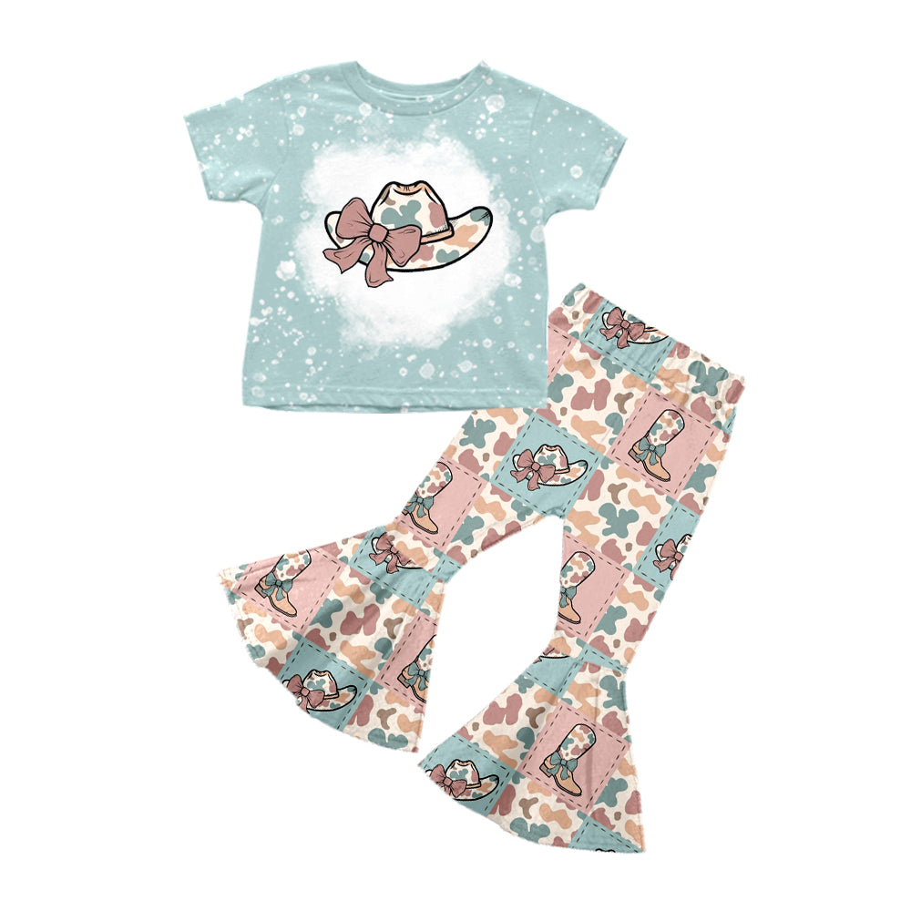 Preorder Baby Girl Short Sleeves Camo Western Boots Hats Shirt Bell Pants Clothes Set