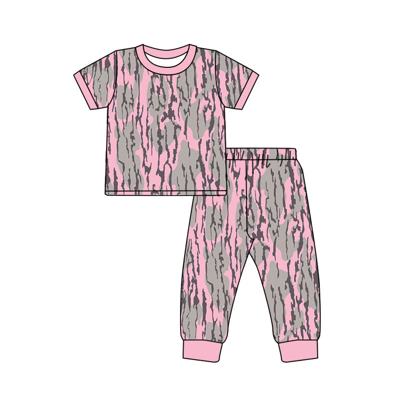 Preorder Baby Girl Short Sleeves Camo Shirt Pants Pajamas Clothes Pink Set