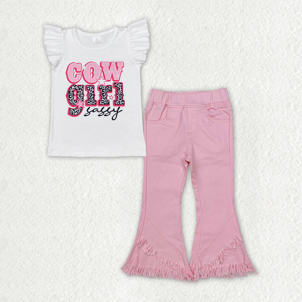 Baby Girl Short Sleeves Western Cowgirl Shirt Pink Denim Jeans Pants Clothes Set